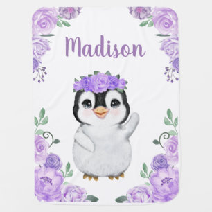 Floral Girl Penguin Baby Blanket Purple Flowers