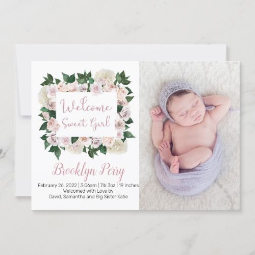 Floral Girl Photo Birth Announcement Card