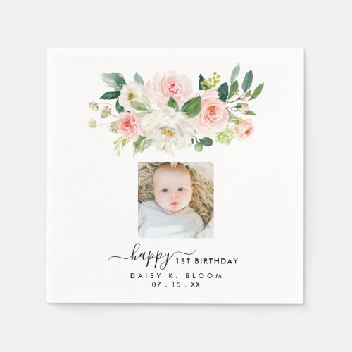 Floral Girl Photo First Birthday Napkins