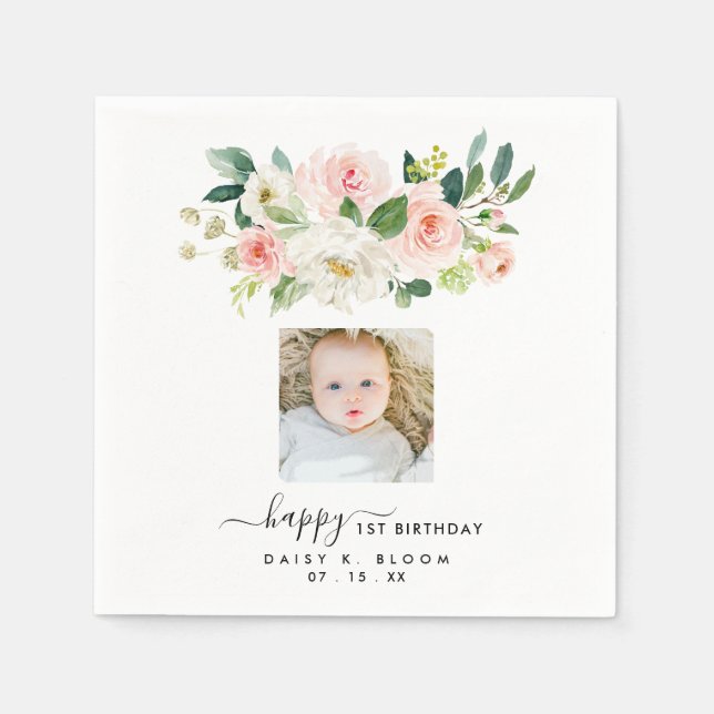Floral Girl Photo First Birthday Napkins (Front)