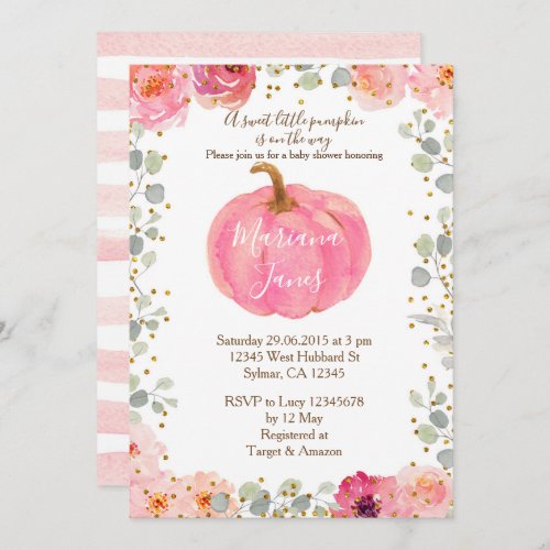 Floral girl pumpkin baby shower watercolor pink invitation