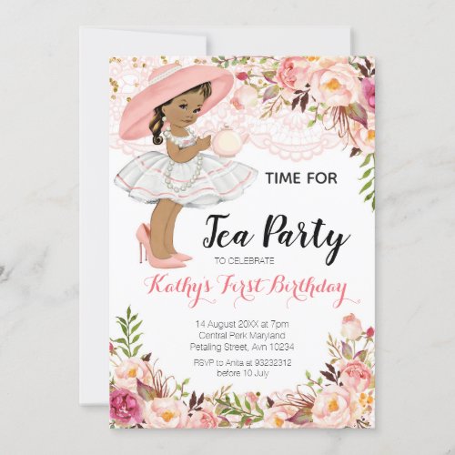 Floral Girl Tea Birthday Party African American Invitation