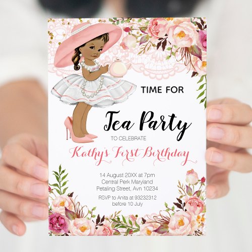 Floral Girl Tea Birthday Party African American Invitation