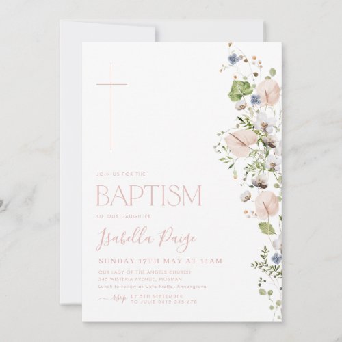 Floral Girls Baptism Christening   Invitation