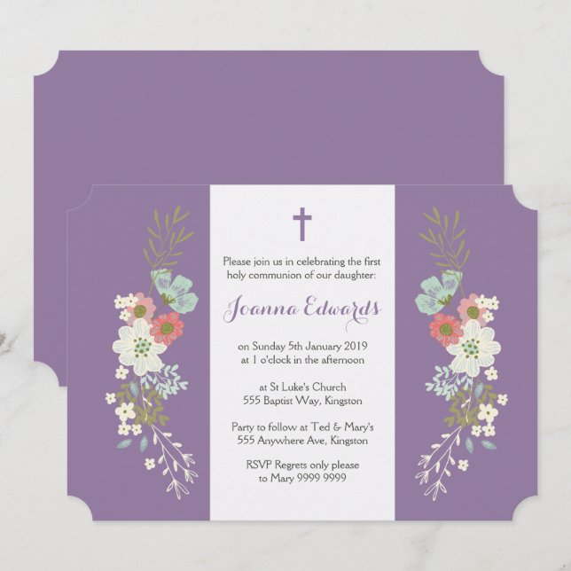 Floral Girls Daughter First Communion Personalized Invitation (Front/Back)