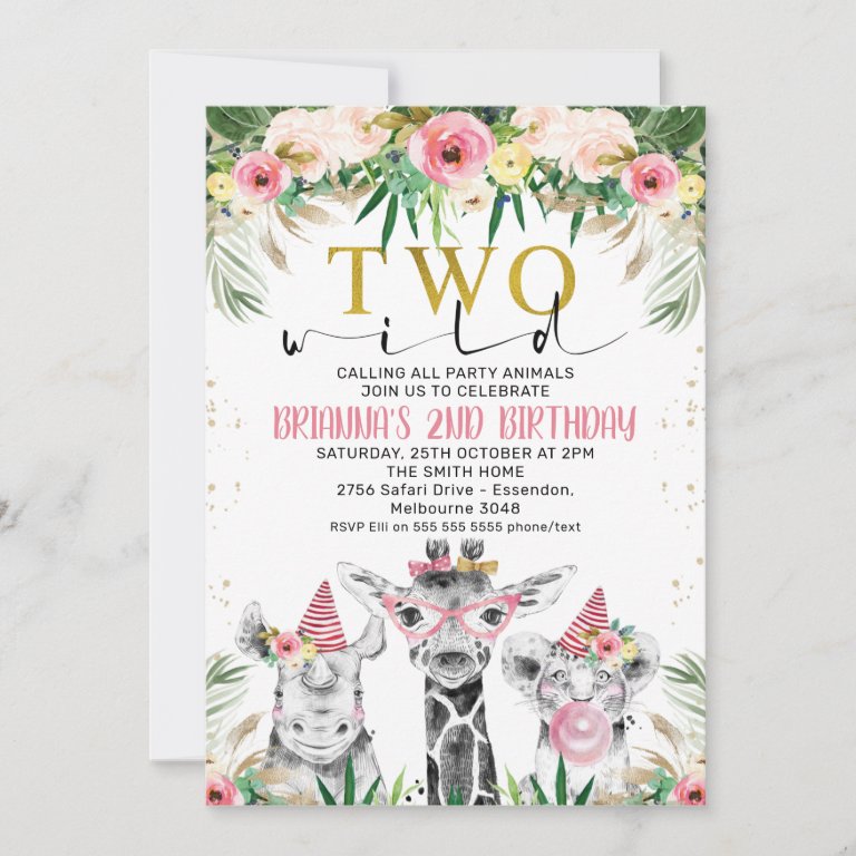  Floral Girls Drawn Safari Two Wild Birthday Invitation