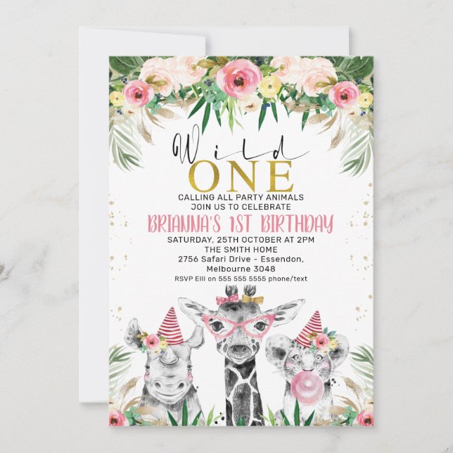 Floral Girls Drawn Safari Wild Birthday Invitation (Front)