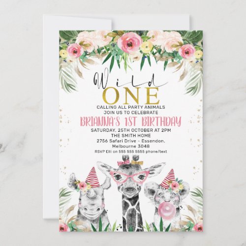  Floral Girls Drawn Safari Wild Birthday Invitation