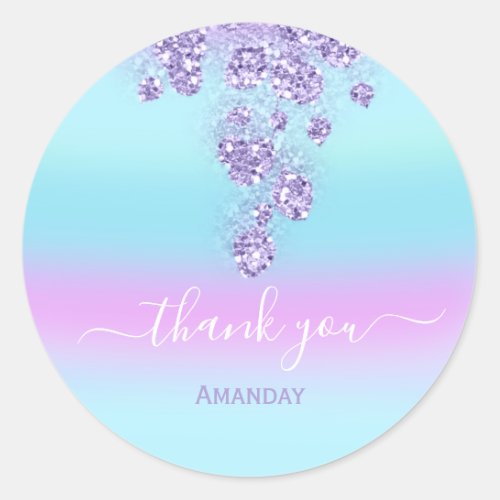 Floral Girly Blue Glitter Bridal Name  Sweet 16th Classic Round Sticker