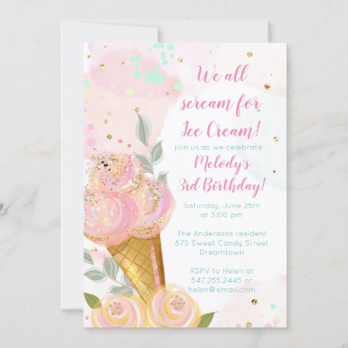 Floral Girly Ice Cream Watercolor Birthday Party Invitation