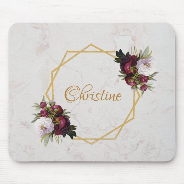 Floral Girly Marble Gold Burgundy Red Peonies Name Mouse Pad (Front)