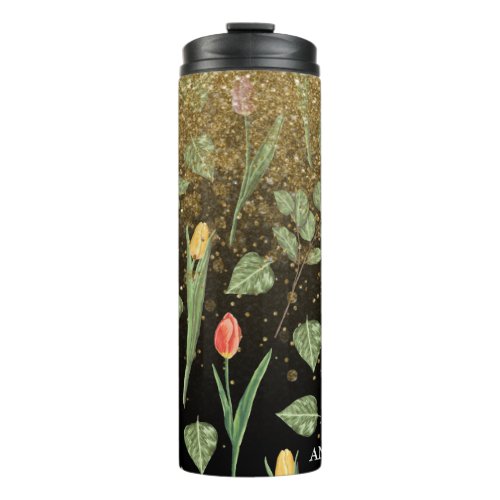  Floral Girly Pink Yellow TULIPS Gold Glitter Thermal Tumbler