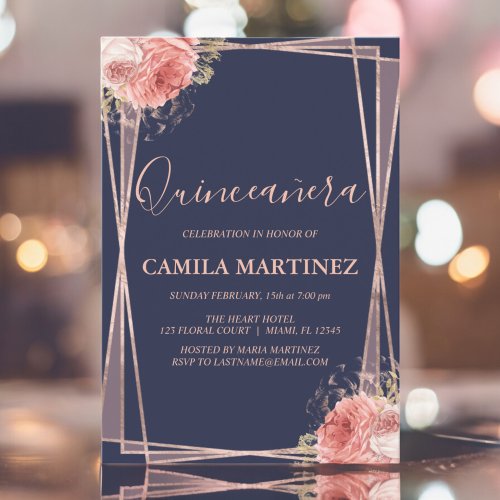 Floral Girly Rose Gold Blue Quinceanera Party Invitation