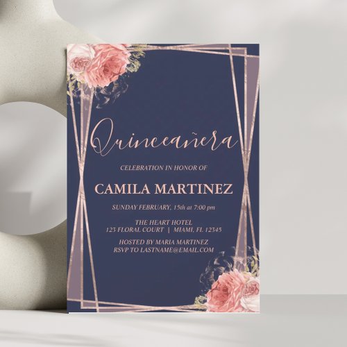 Floral Girly Rose Gold Blue Quinceanera Party Invitation