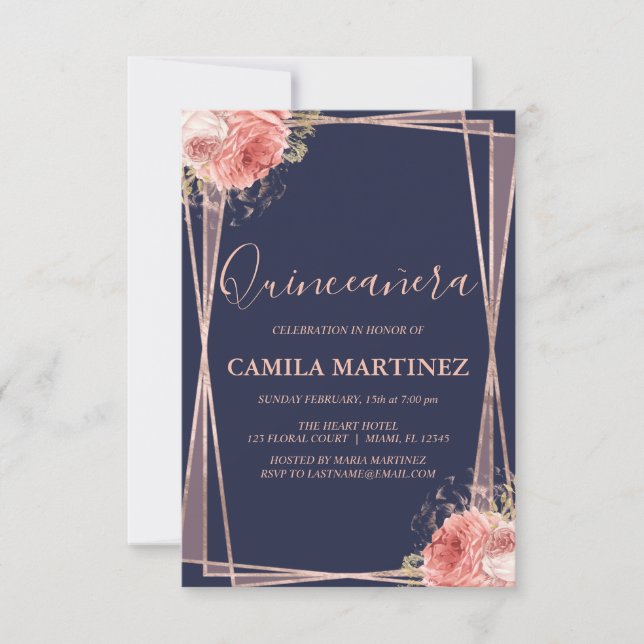 Floral Girly Rose Gold Blue Quinceanera Party Invitation (Front)