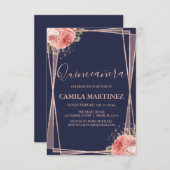 Floral Girly Rose Gold Blue Quinceanera Party Invitation (Front/Back)