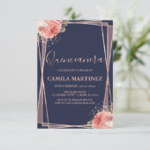 Floral Girly Rose Gold Blue Quinceanera Party Invitation (Standing Front)