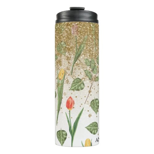  Floral Girly Yellow Pink TULIPS Gold Glitter Thermal Tumbler