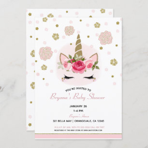 Floral Glam Gold Glitter Unicorn Baby Shower Invitation