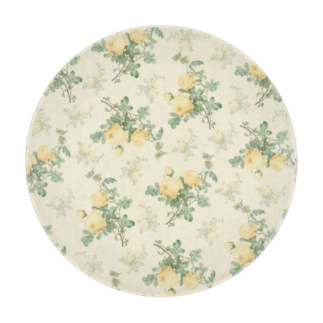 Floral glass round cutting board yellow rose (Front)