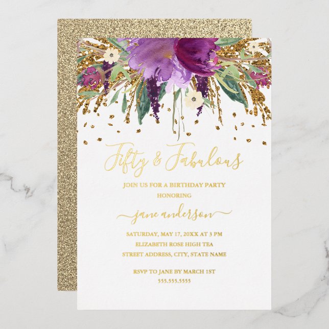 Floral Glitter Amethyst 50 & Fabulous Birthday Foil Invitation (Front/Back)