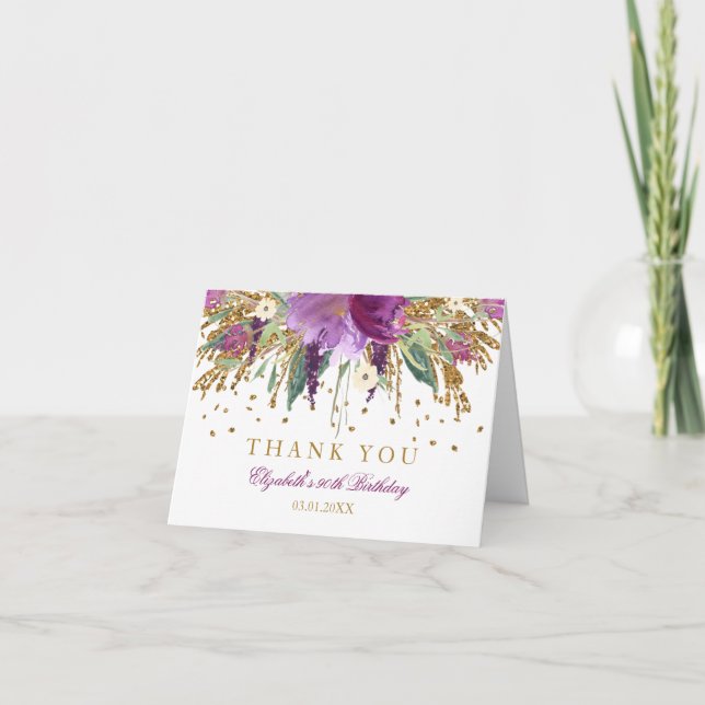 Floral Glitter Amethyst 90th Birthday Thank You (Front)