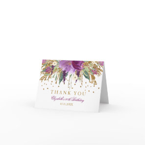 Floral Glitter Amethyst 90th Birthday Thank You Card