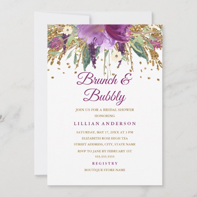 Floral Glitter Amethyst Brunch and Bubbly Invitation (Front)