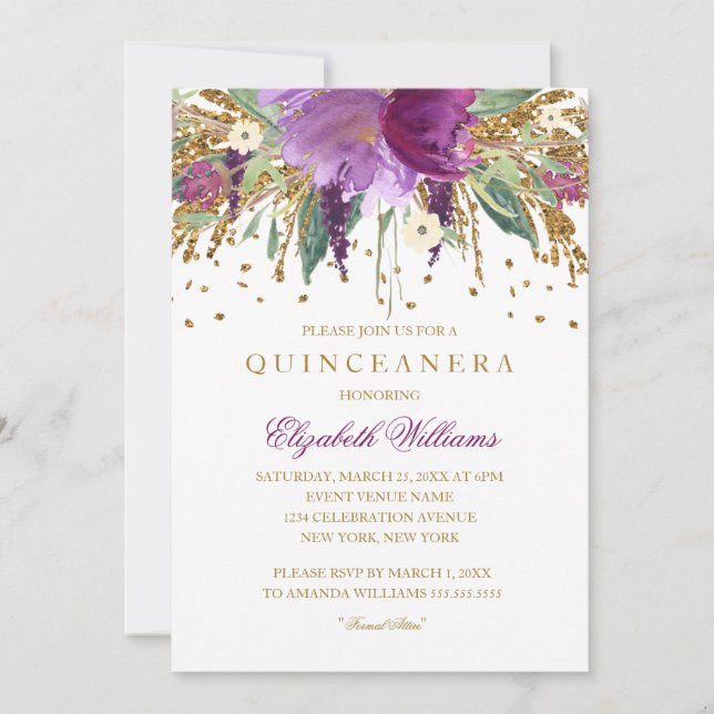 Floral Glitter Amethyst Quinceanera Invitation (Front)