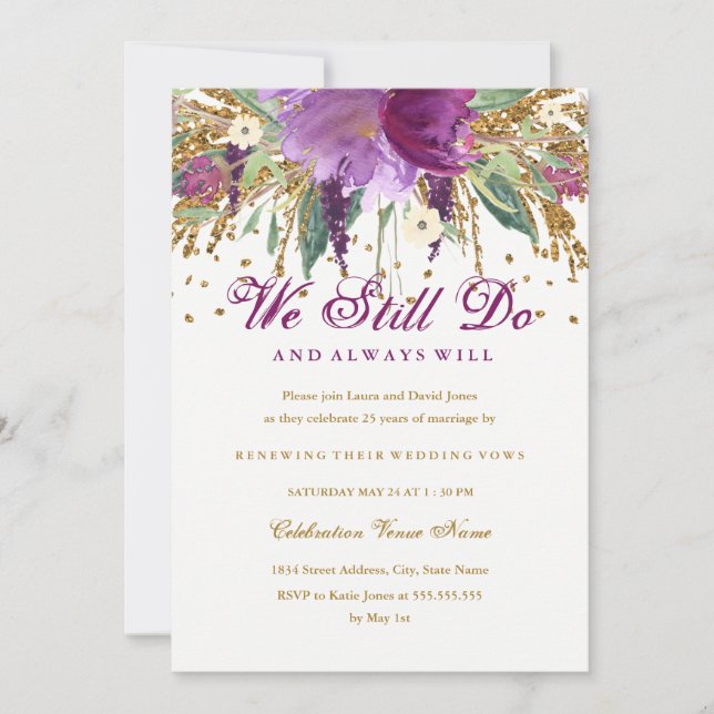 Floral Glitter Amethyst Vow Renewal Anniversary Invitation (Front)