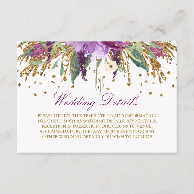 Floral Glitter Amethyst Wedding Reception Details Enclosure Card (Front)