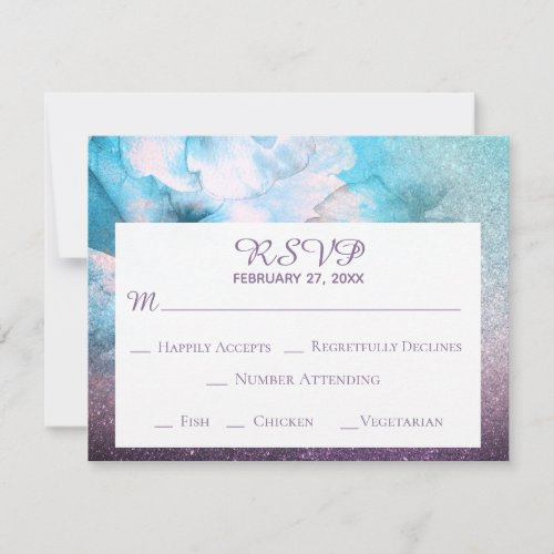 *~* Floral Glitter Blue Purple Watercolor Wedding RSVP Card