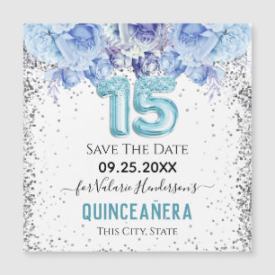 Floral Glitter Blue Quinceañera Save the Date