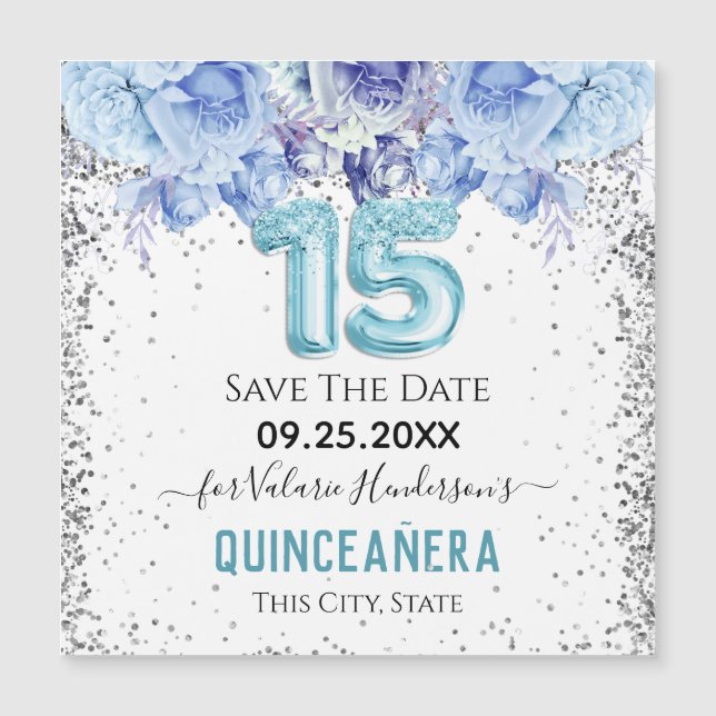 Floral Glitter Blue Quinceañera Save the Date  (Front)