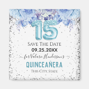Floral Glitter Blue Quinceañera Save the Date Magn Magnet