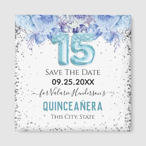 Floral Glitter Blue Quinceaera Save the Date Magn Magnet