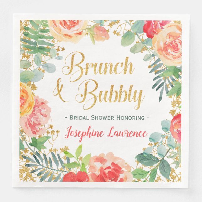 Floral & Glitter Brunch & Bubbly Bridal Shower Paper Dinner Napkins (Front)