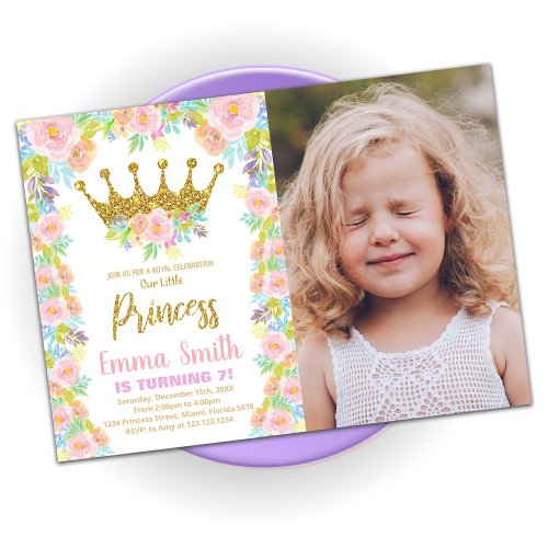 Floral Glitter Crown Princess Birthday With Photo Invitation