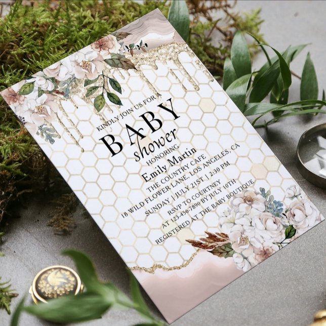 Floral Glitter Drip Marble Baby Shower Invitation (Creator Uploaded)