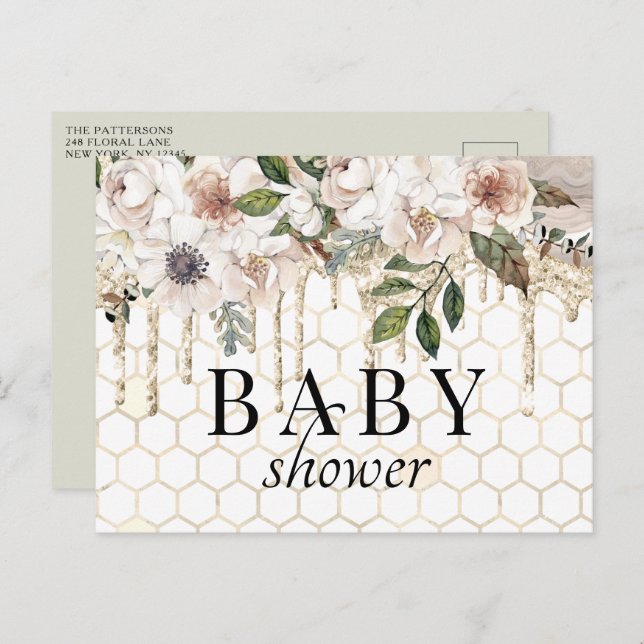 Floral Glitter Drip Marble Baby Shower Postcard (Front/Back)