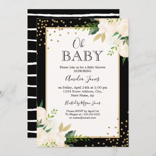 Floral Glitter Gold Black Stripes Oh Baby Shower Invitation