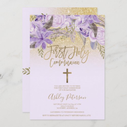 floral glitter Gold cross First Holy Communion Invitation