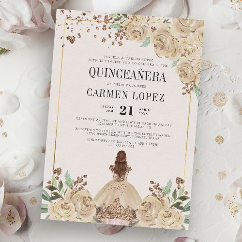Floral Glitter Gold Princess Birthday Quinceanera Invitation