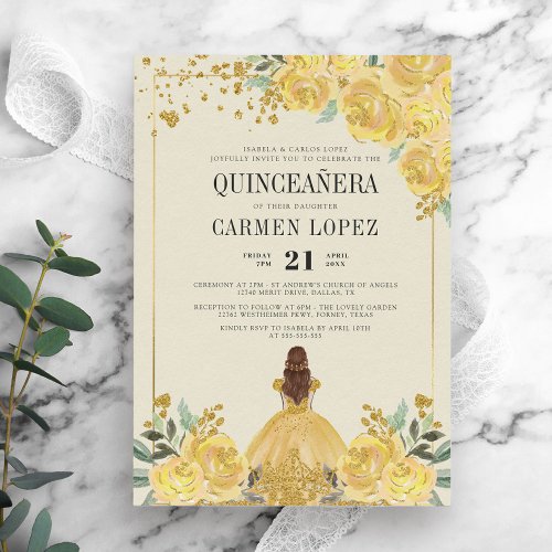 Floral Glitter Gold  Yellow Princess Quinceanera Invitation