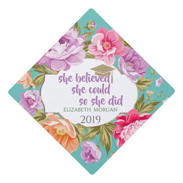 Floral Glitter Graduate Cap - Motivational Message (Front)