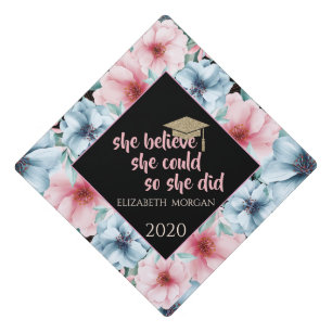 Floral, Glitter Graduate Cap-Motivational Message Graduation Cap Topper