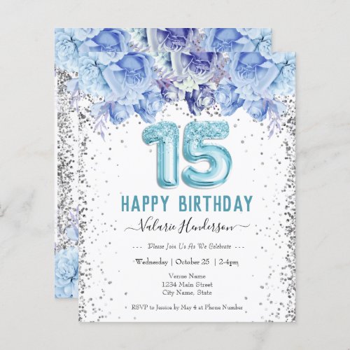 Floral Glitter Light Blue Happy 15th Birthday