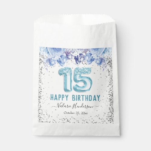 Floral Glitter Light Blue Happy 15th Birthday Favo Favor Bag