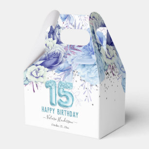 Floral Glitter Light Blue Happy 15th Birthday Favo Favor Boxes