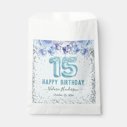 Floral Glitter Light Blue Happy 15th Birthday Favor Bag